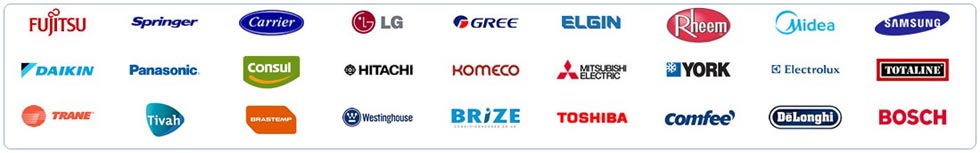 Marcas de Ar Condicionado: Fujitsu Carrier Daikin Komeco Gree Consul Brasmtep Hitachi Tivah Coffee Rheem Springer LG Elgin Midea Samsung Panasonic Mistubishi York Electrolux Totaline Trane Brize Fontaine Toshiba Delonghi Bosch Springer Midea Agratto.